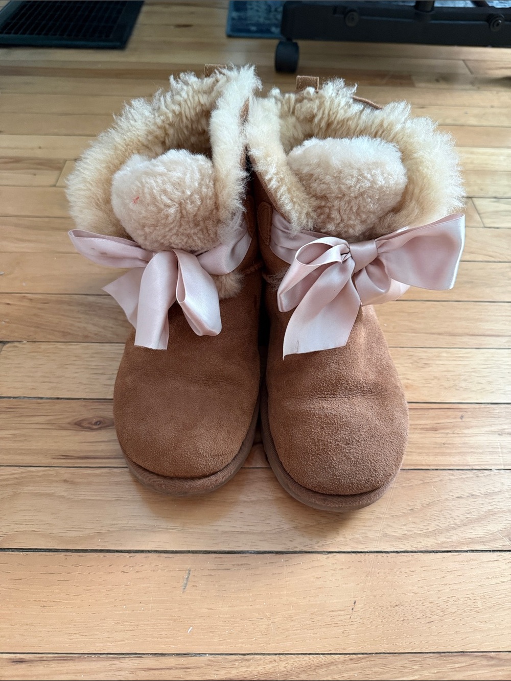 UGG Chestnut Suede Ankle Boots with Pink Satin Bows